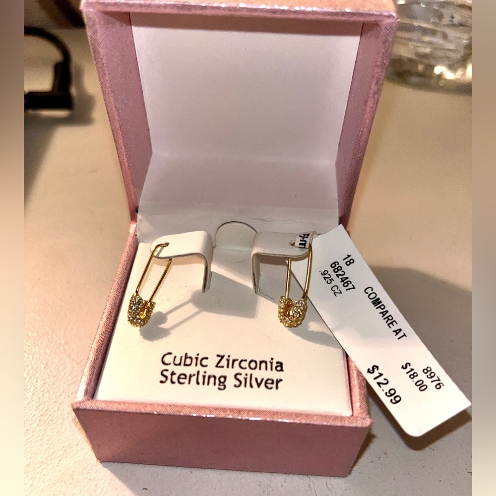 Nanette Lepore saftey pin style gold earrings cubic zirconia sterling silver